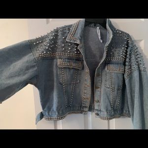 Oversized Studded & Faux Gem Denim Jacket